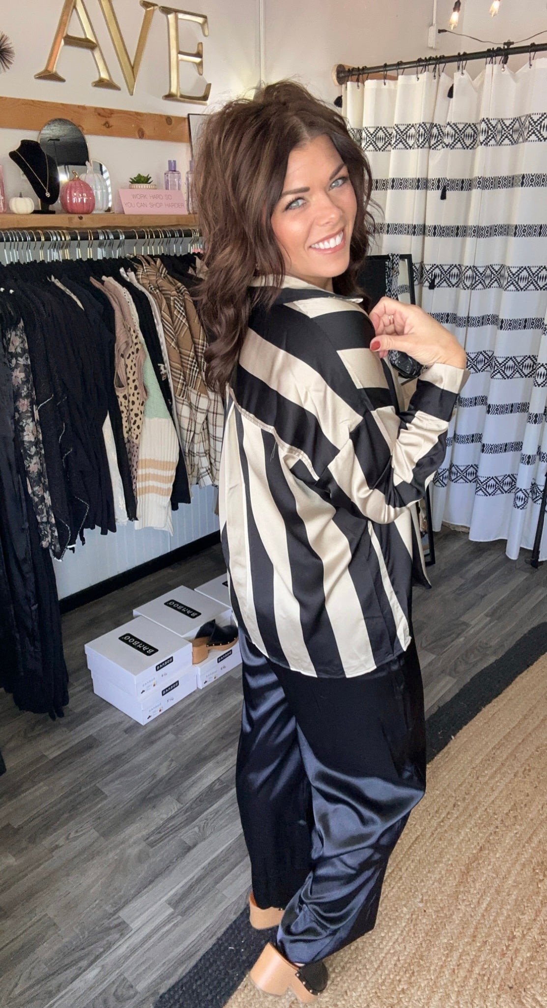 Black & Taupe Striped Satin Top