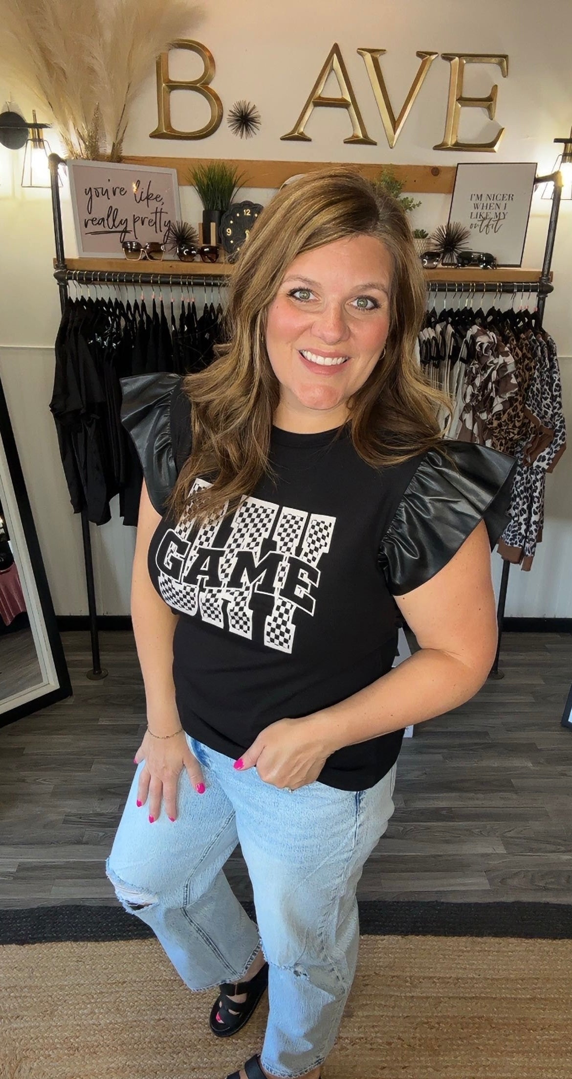Black Leatherette Sleeve Game Day Top