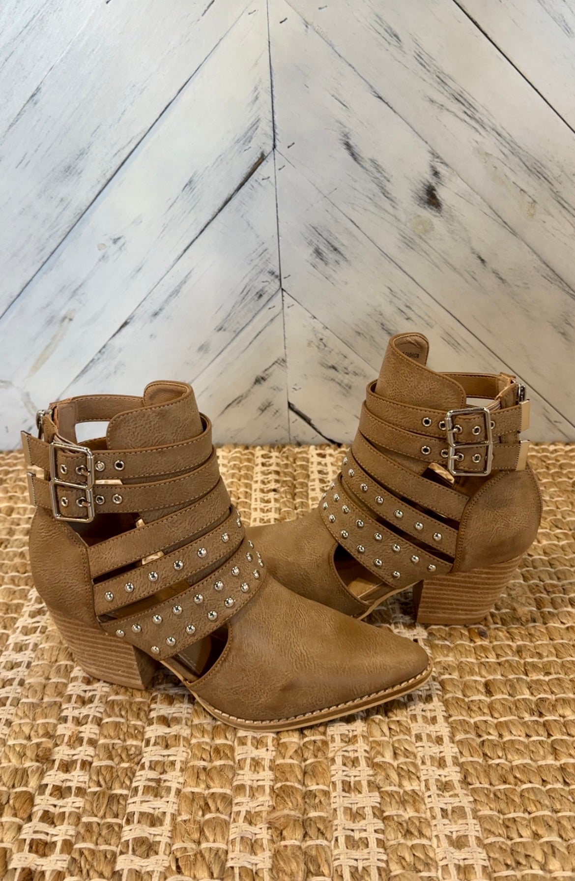 Taupe Strappy Studded Ankle Boots