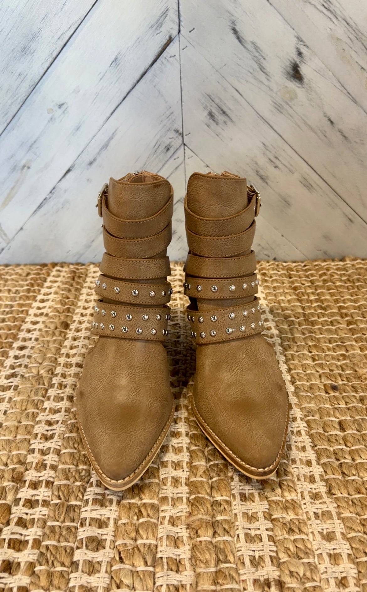 Taupe Strappy Studded Ankle Boots