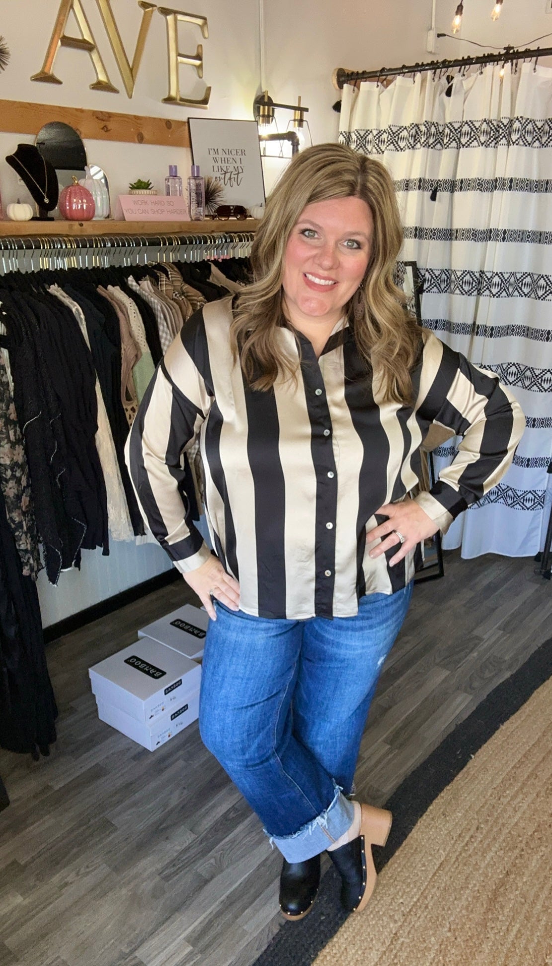 Black & Taupe Striped Satin Top