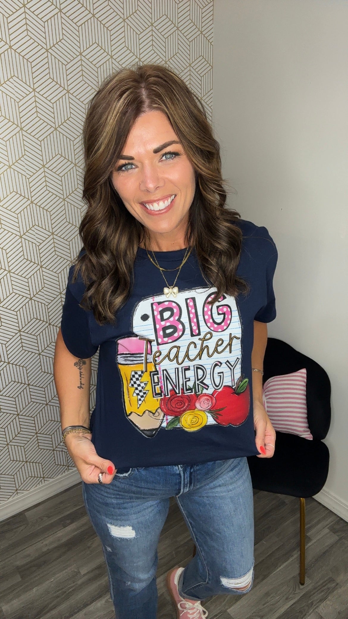 Navy Blue Big Teacher Energy Graphic Tee