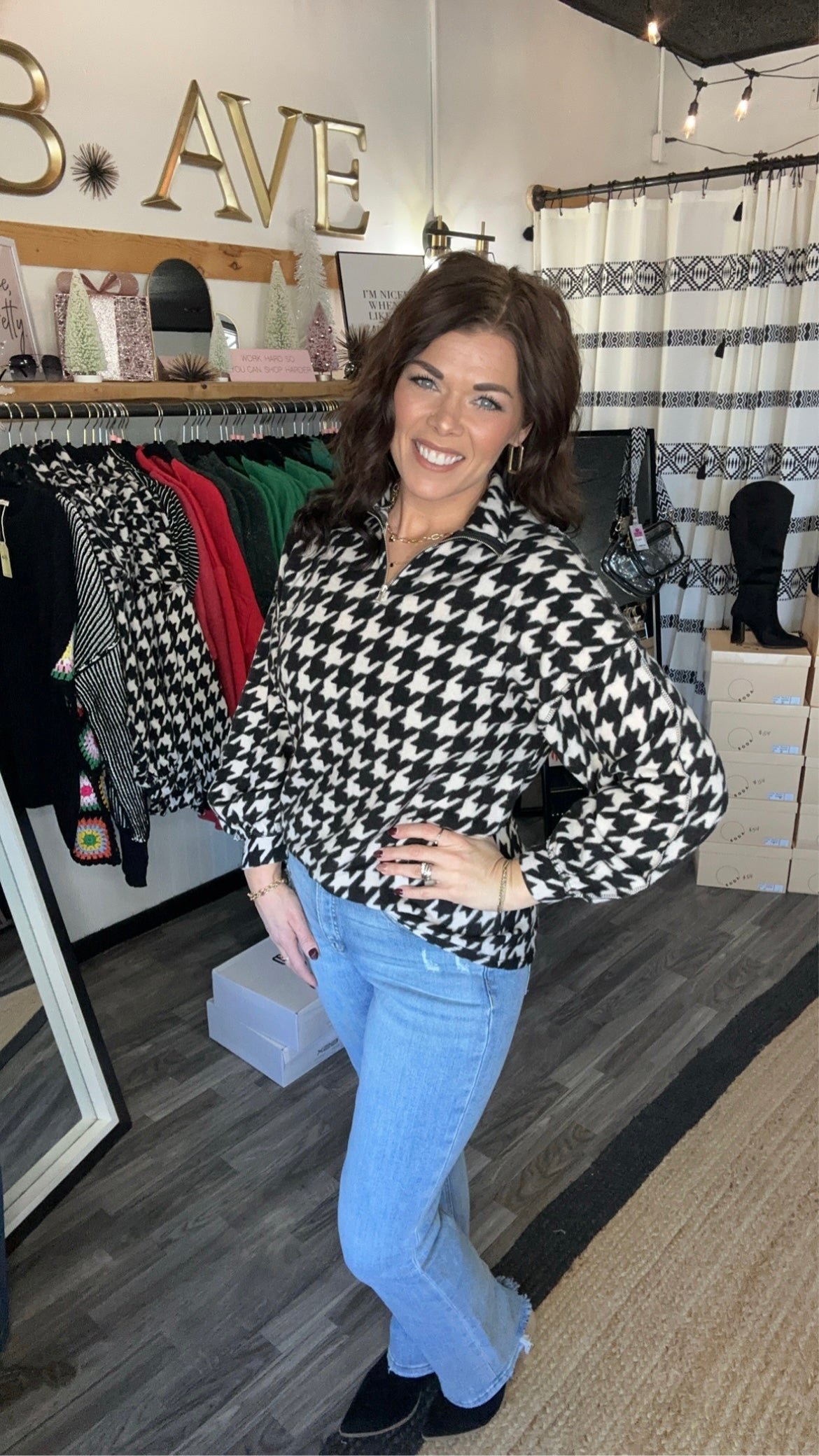 Black and White Houndstooth Half Zip Pullover