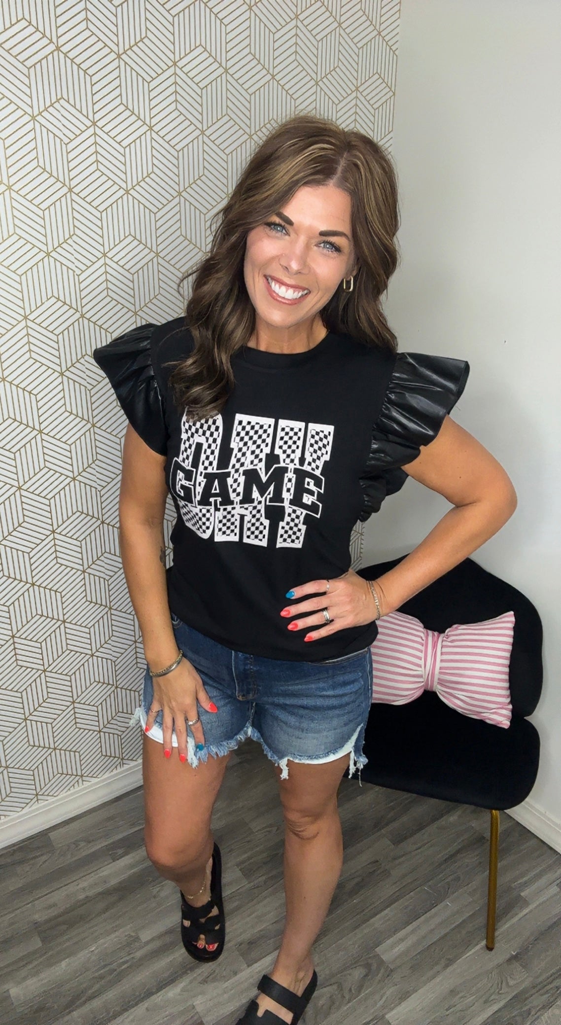 Black Leatherette Sleeve Game Day Top