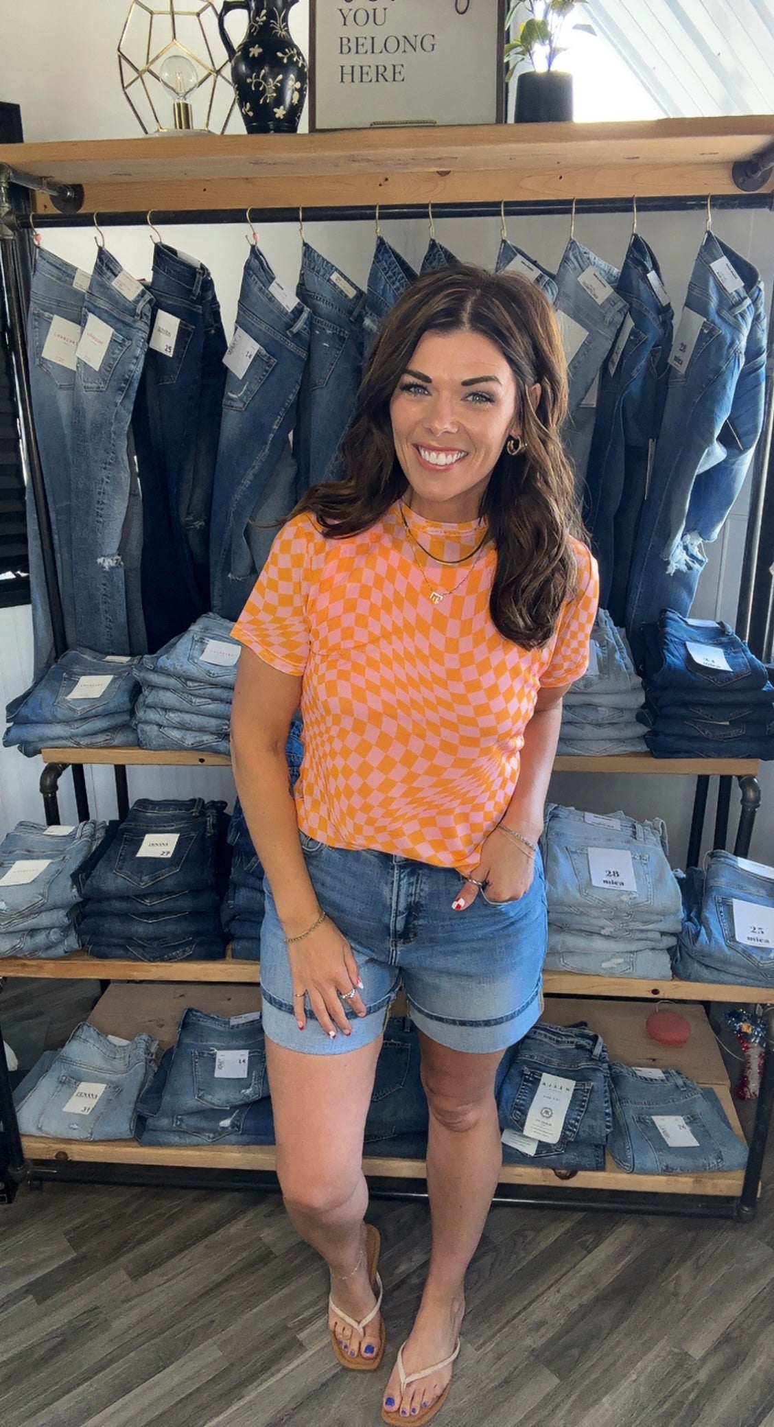 Orange and Pink Checkered Mesh Short Sleeve Top