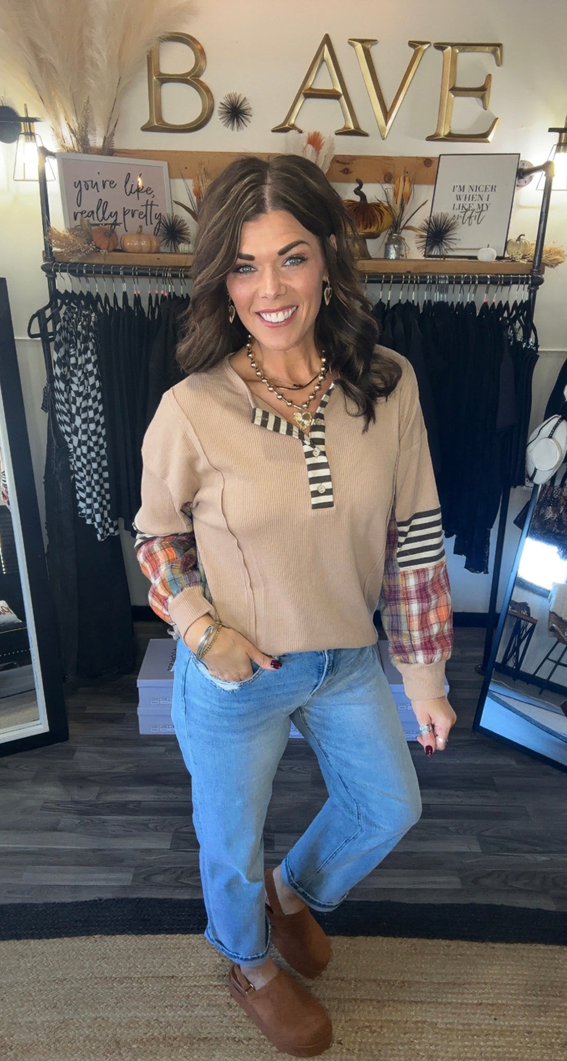 Khaki Waffle Knit Plaid Color Block Top