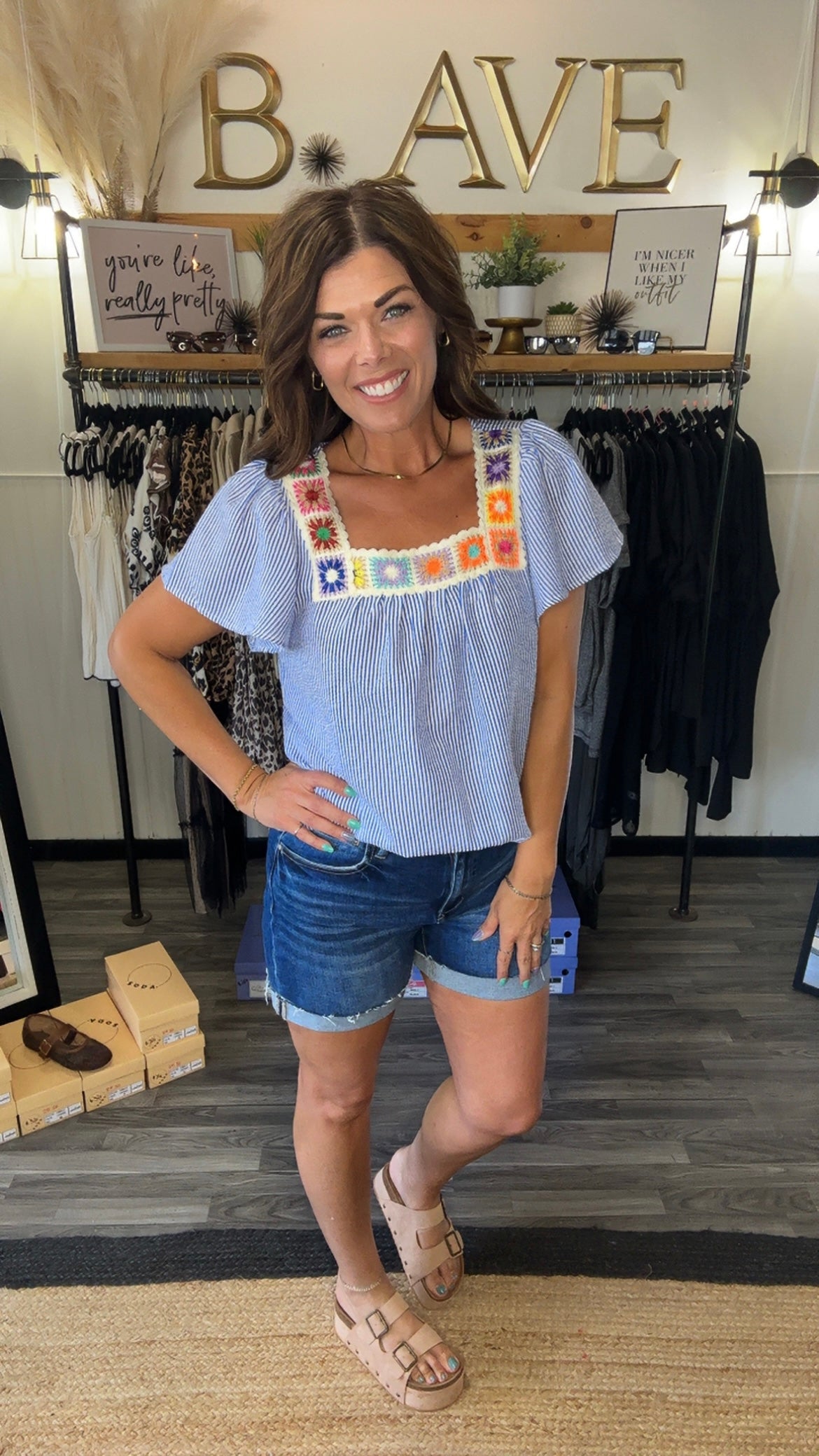 Blue Stripe Crochet Neck Top
