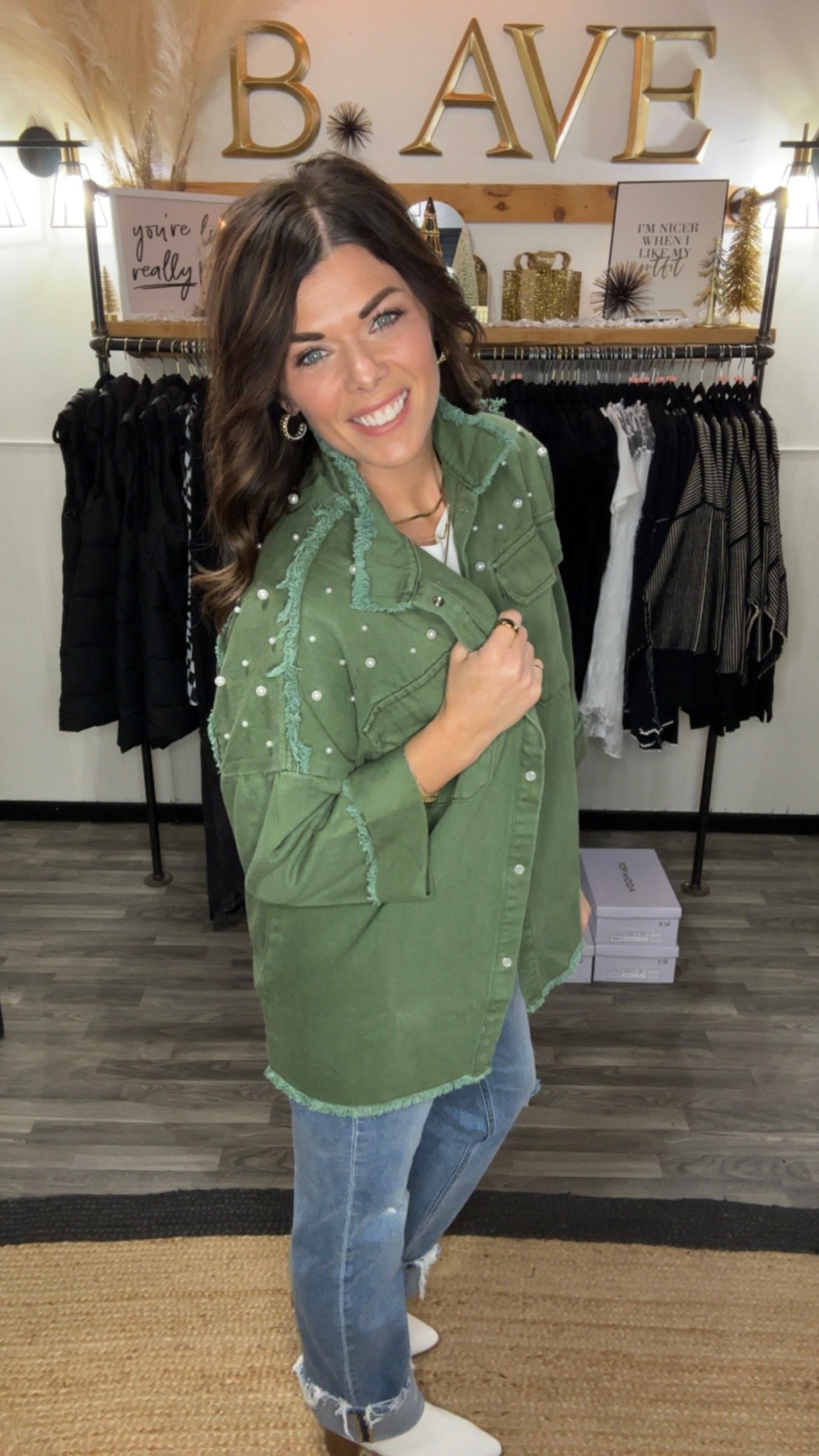 Pine Green Pearl Detail Jacket