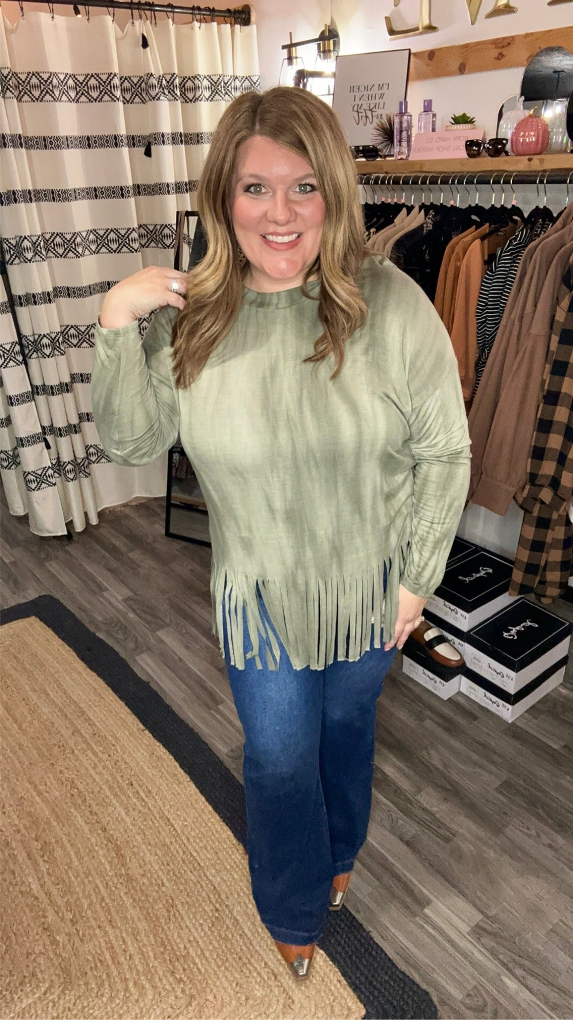 Washed Olive Fringe Top