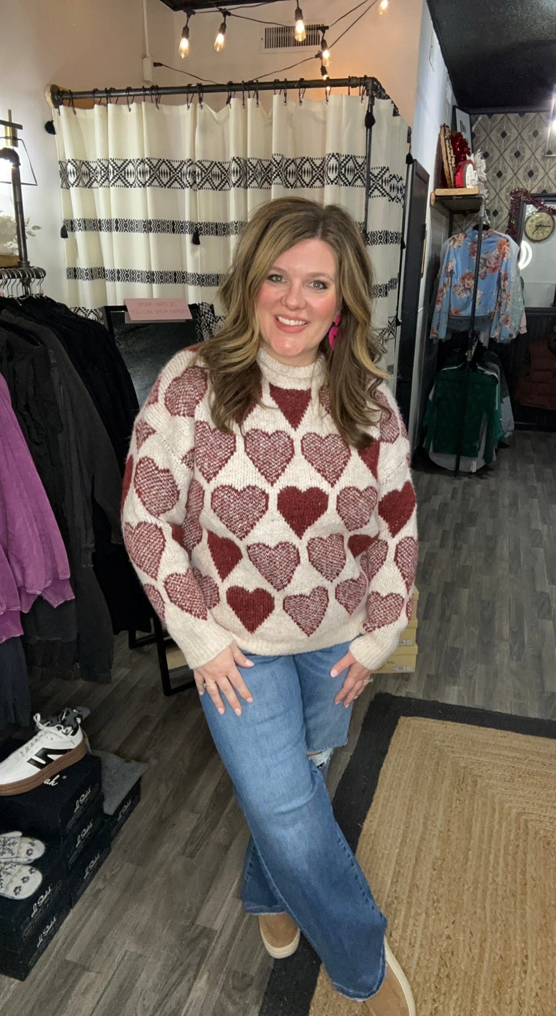 Oatmeal & Red Loose Fit Heart Sweater