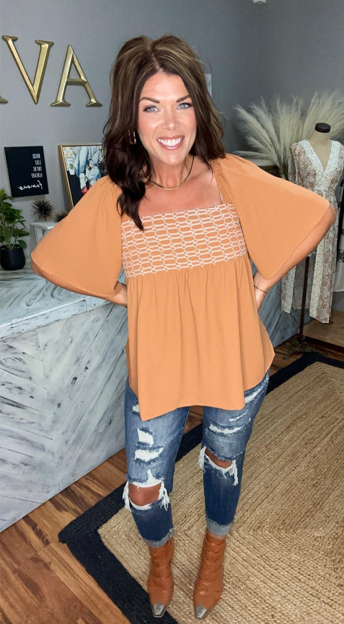 Camel Square Neck Flowy Top