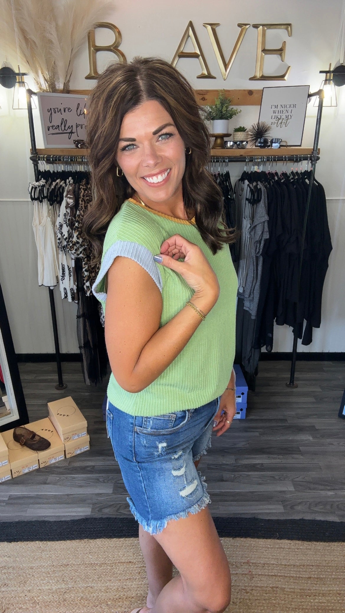Green Corded Crew Neck Top