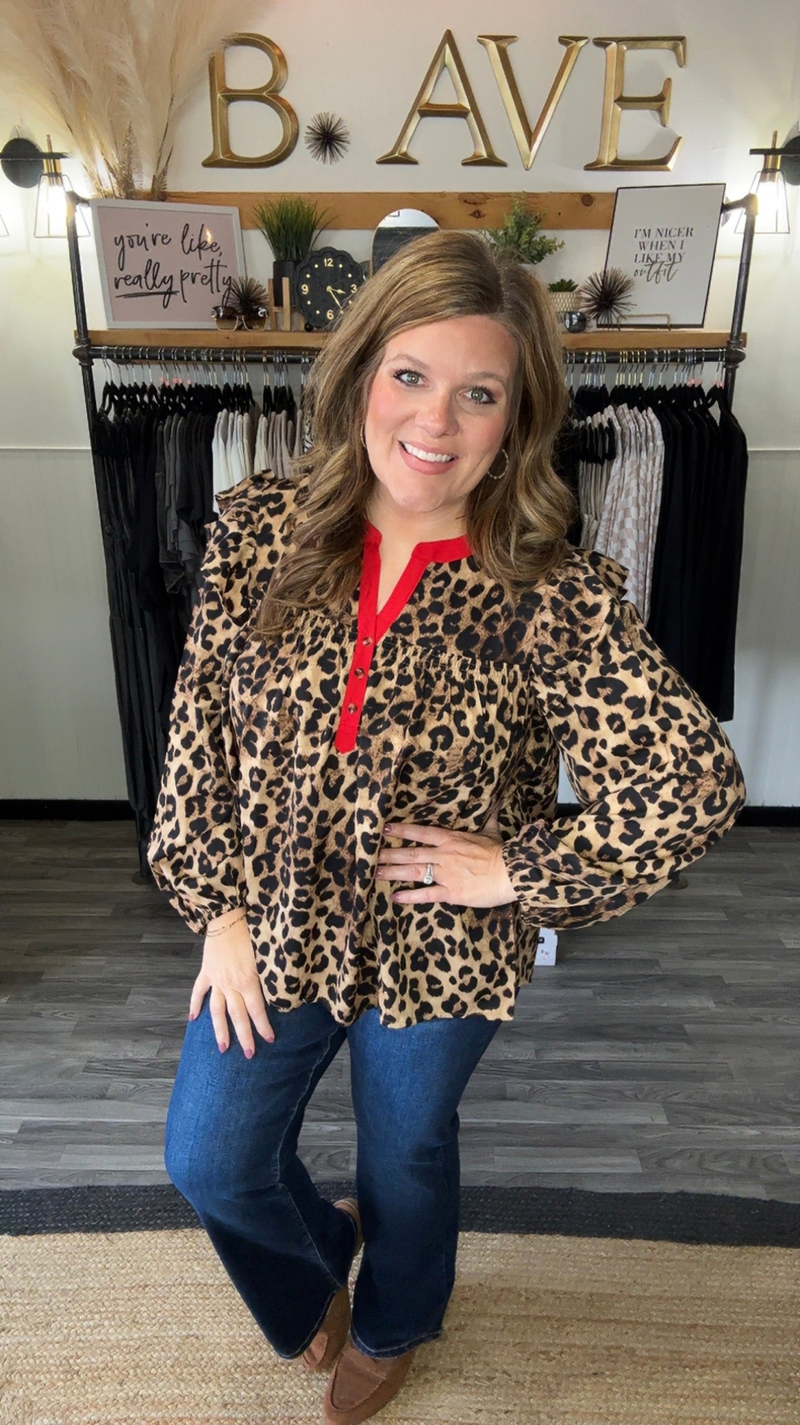 Brown Leopard & Red Trim Ruffled Blouse