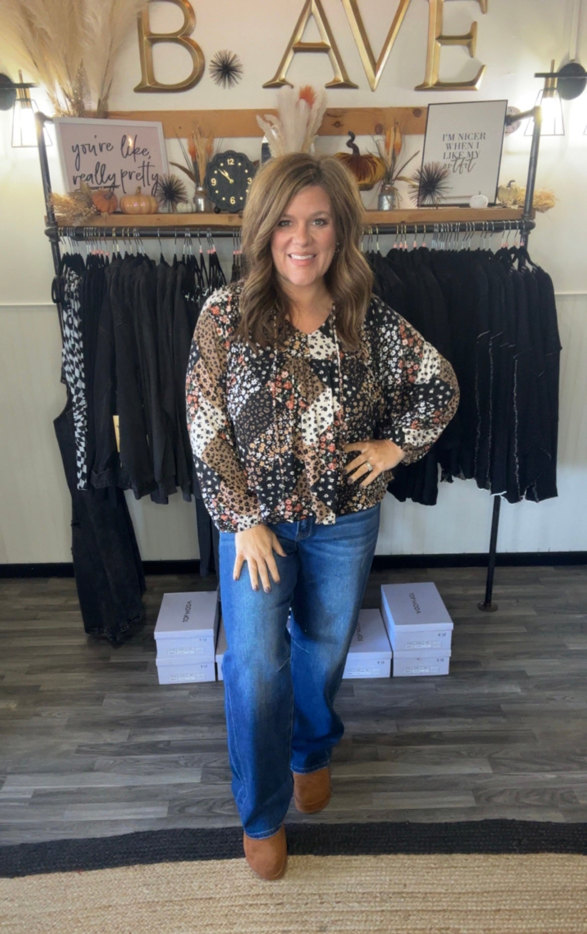 Black & Taupe Floral Mix Patchwork Print Blouse