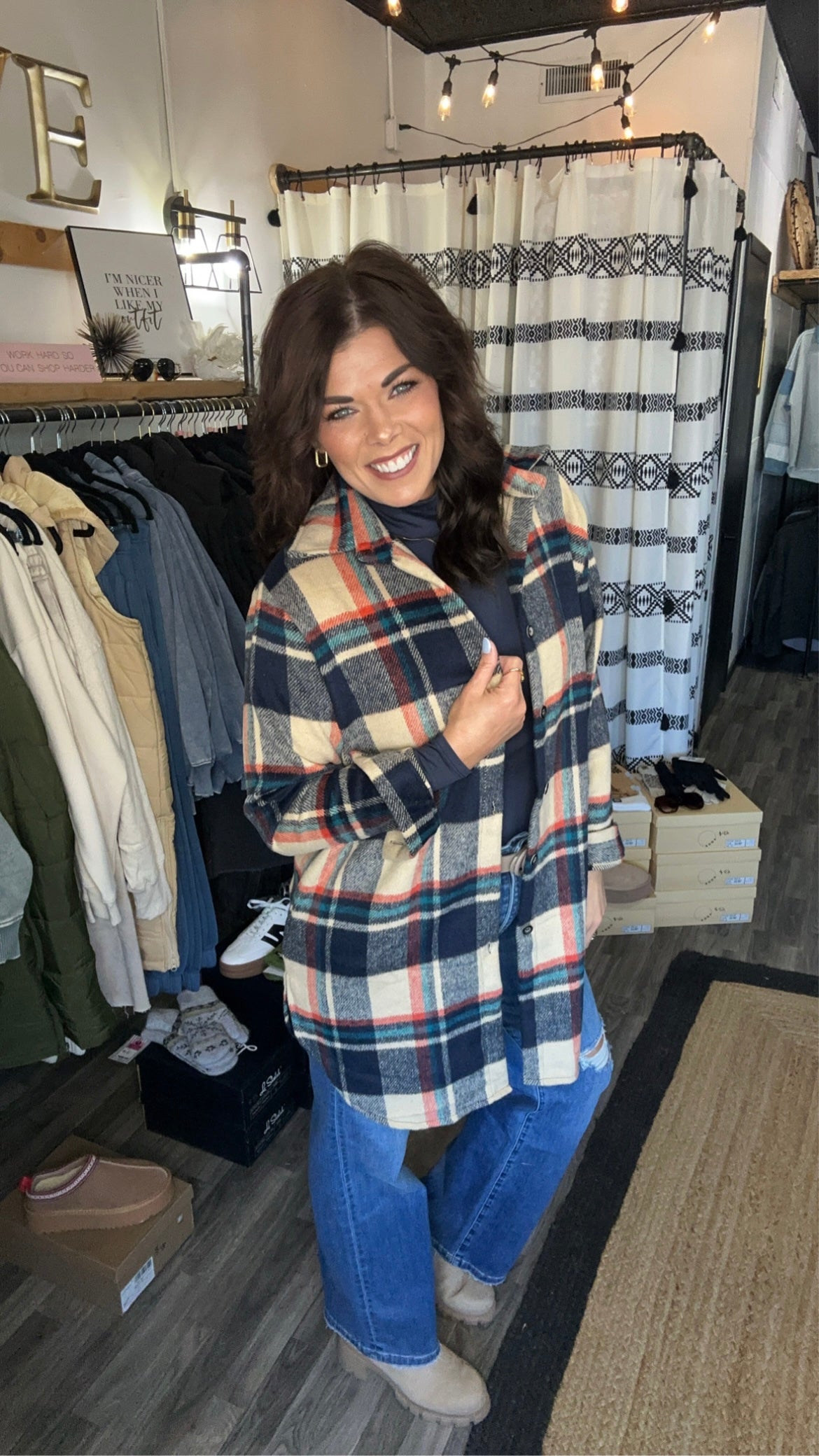 Navy & Taupe Long Plaid Shacket