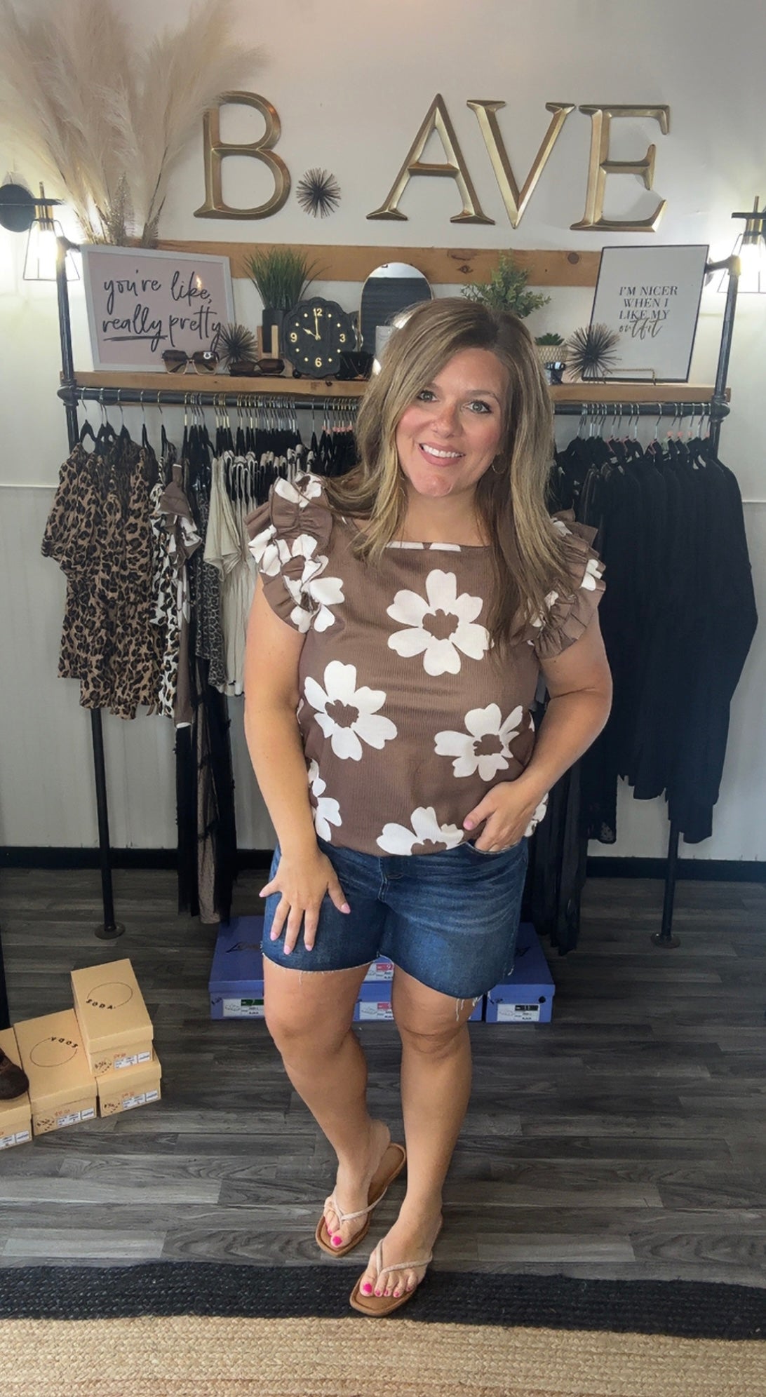 Brown Floral Textured Ruffle Sleeve Top