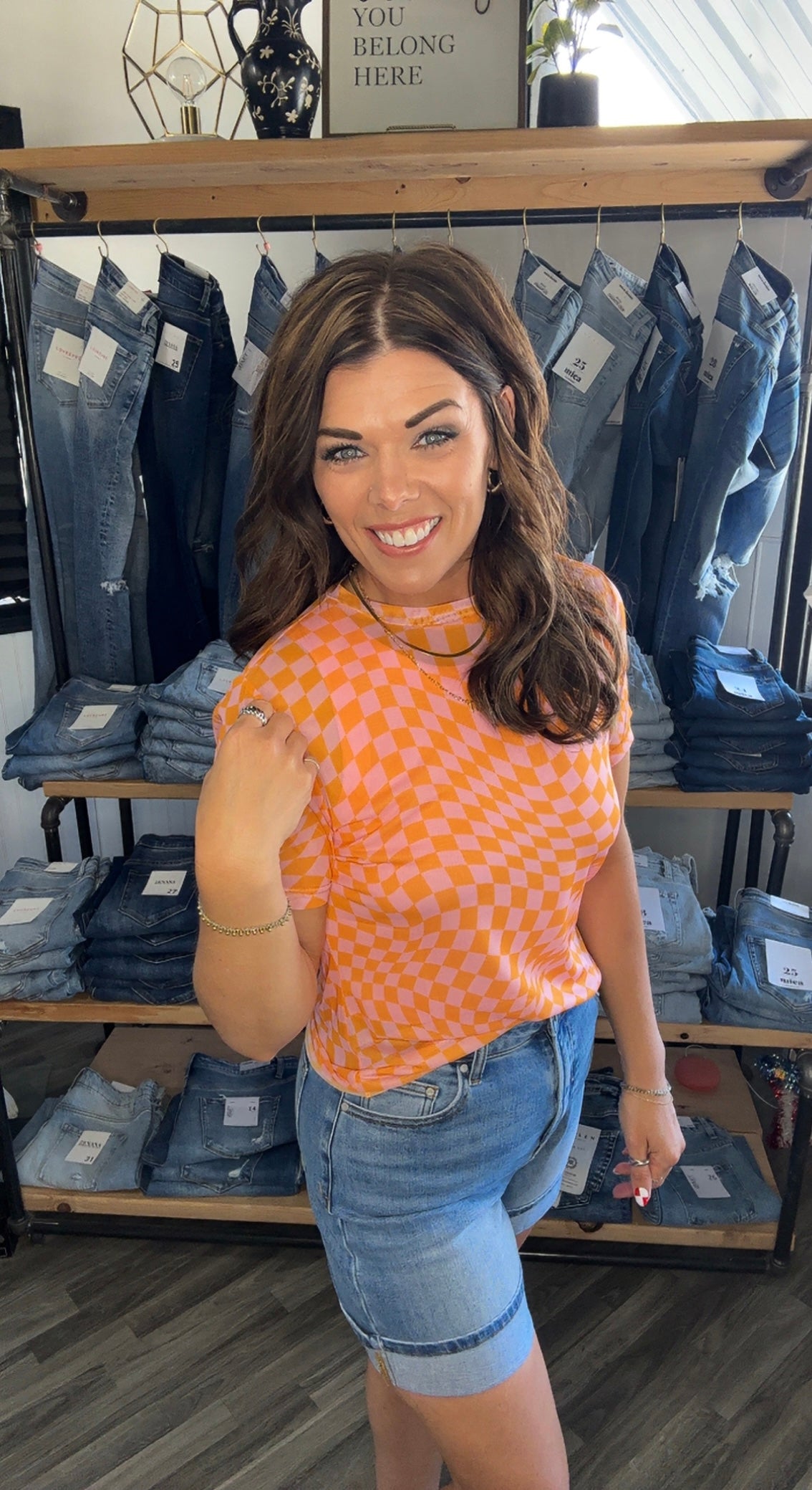Orange and Pink Checkered Mesh Short Sleeve Top
