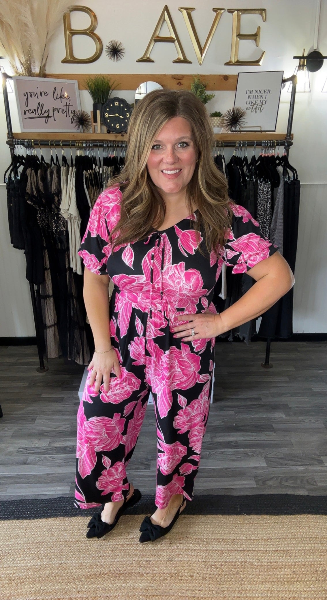 Pink & Black Floral Print Bubble Sleeve Jumpsuit