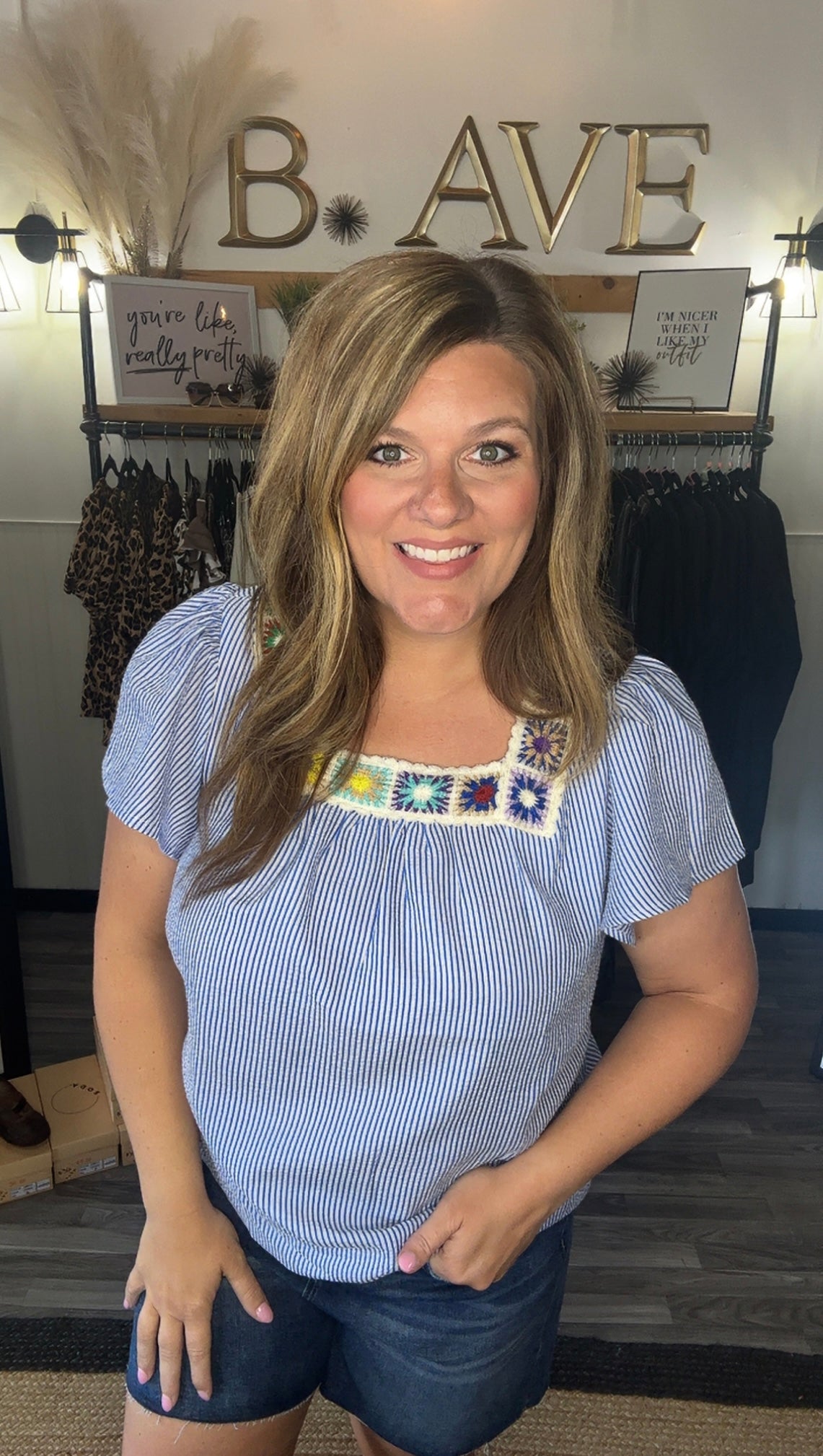 Blue Stripe Crochet Neck Top