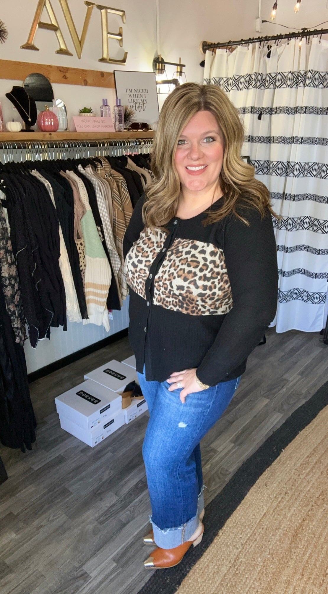 Black & Leopard Waffle Knit Top