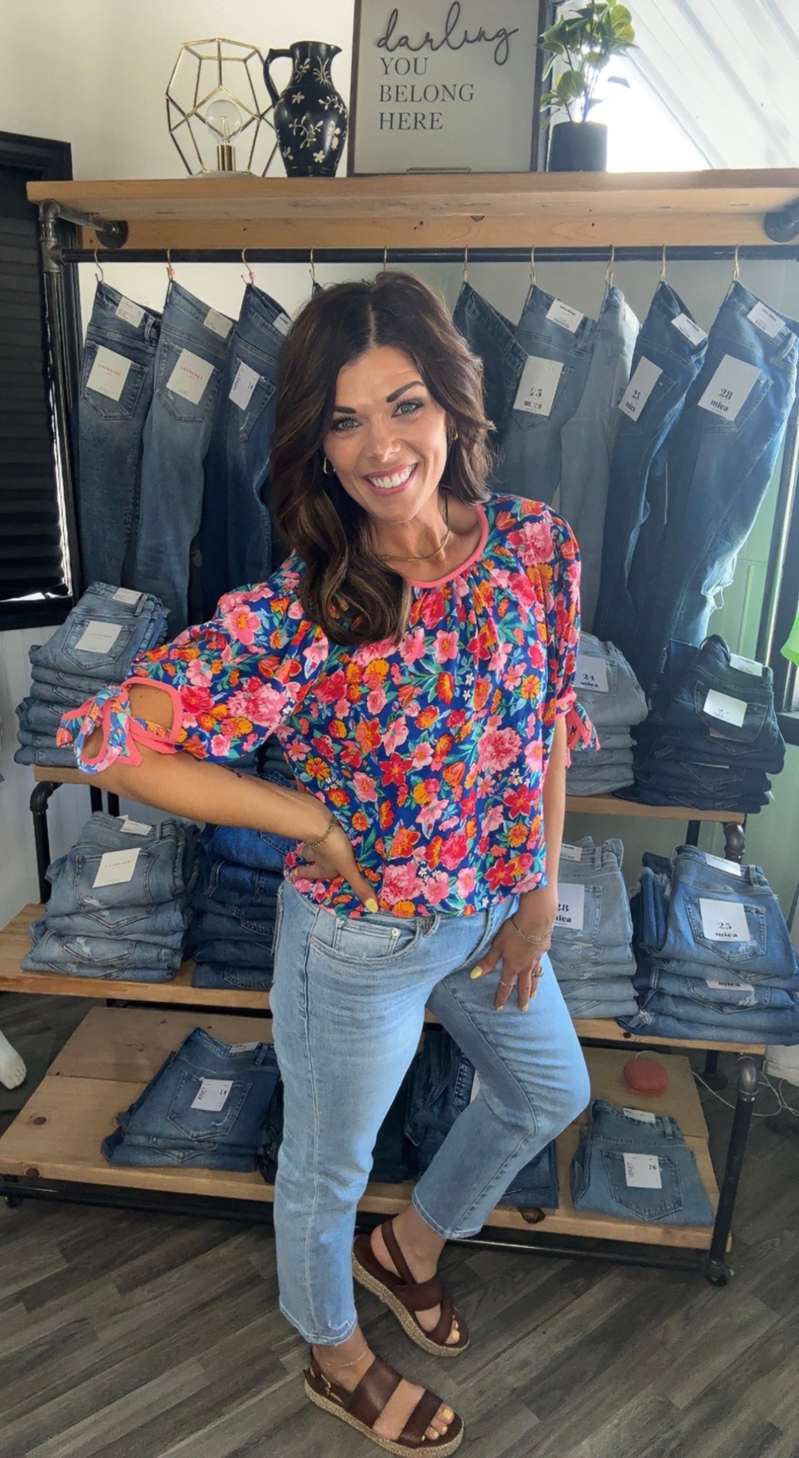 Navy & Coral Floral Print Ribbon Sleeve Top