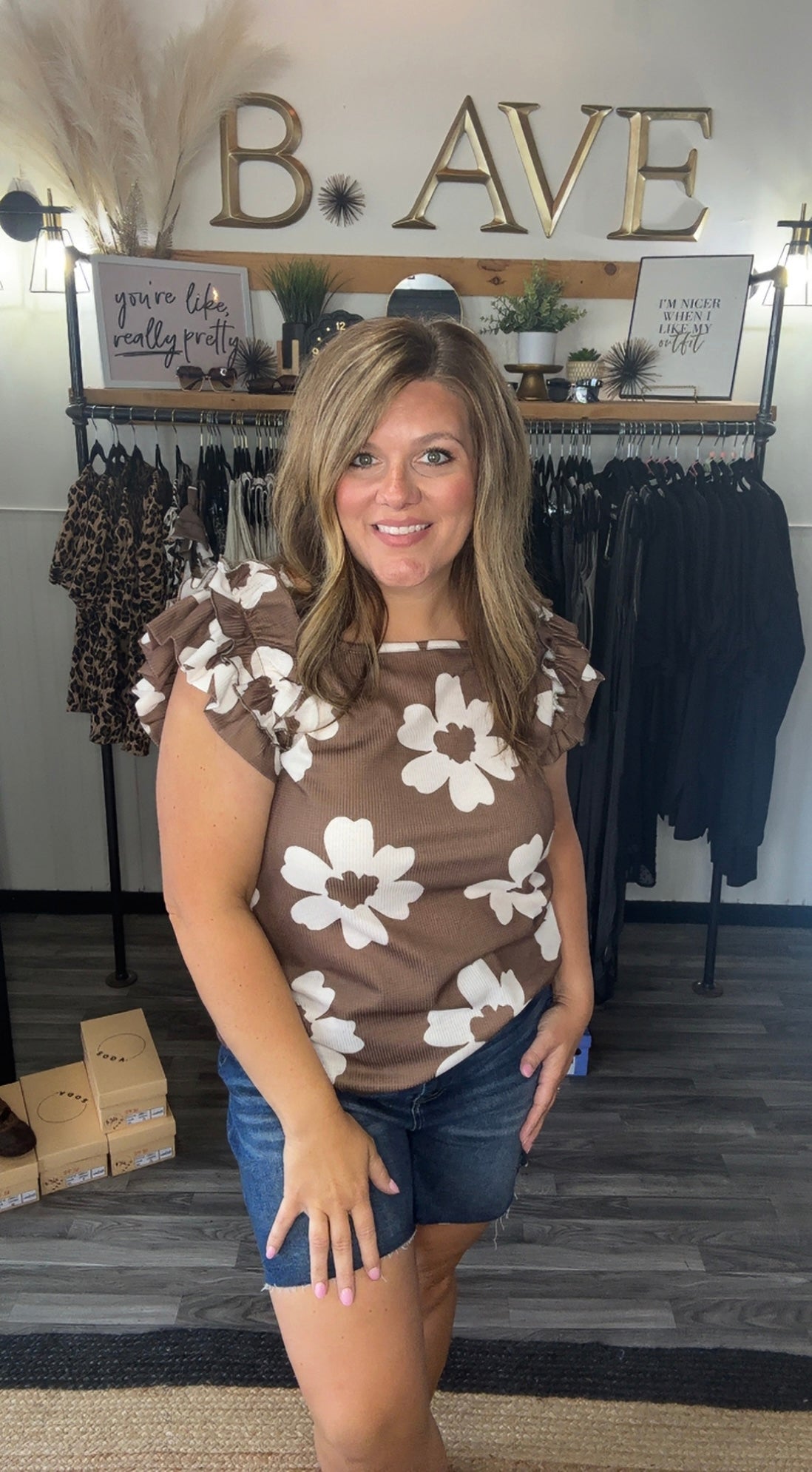 Brown Floral Textured Ruffle Sleeve Top