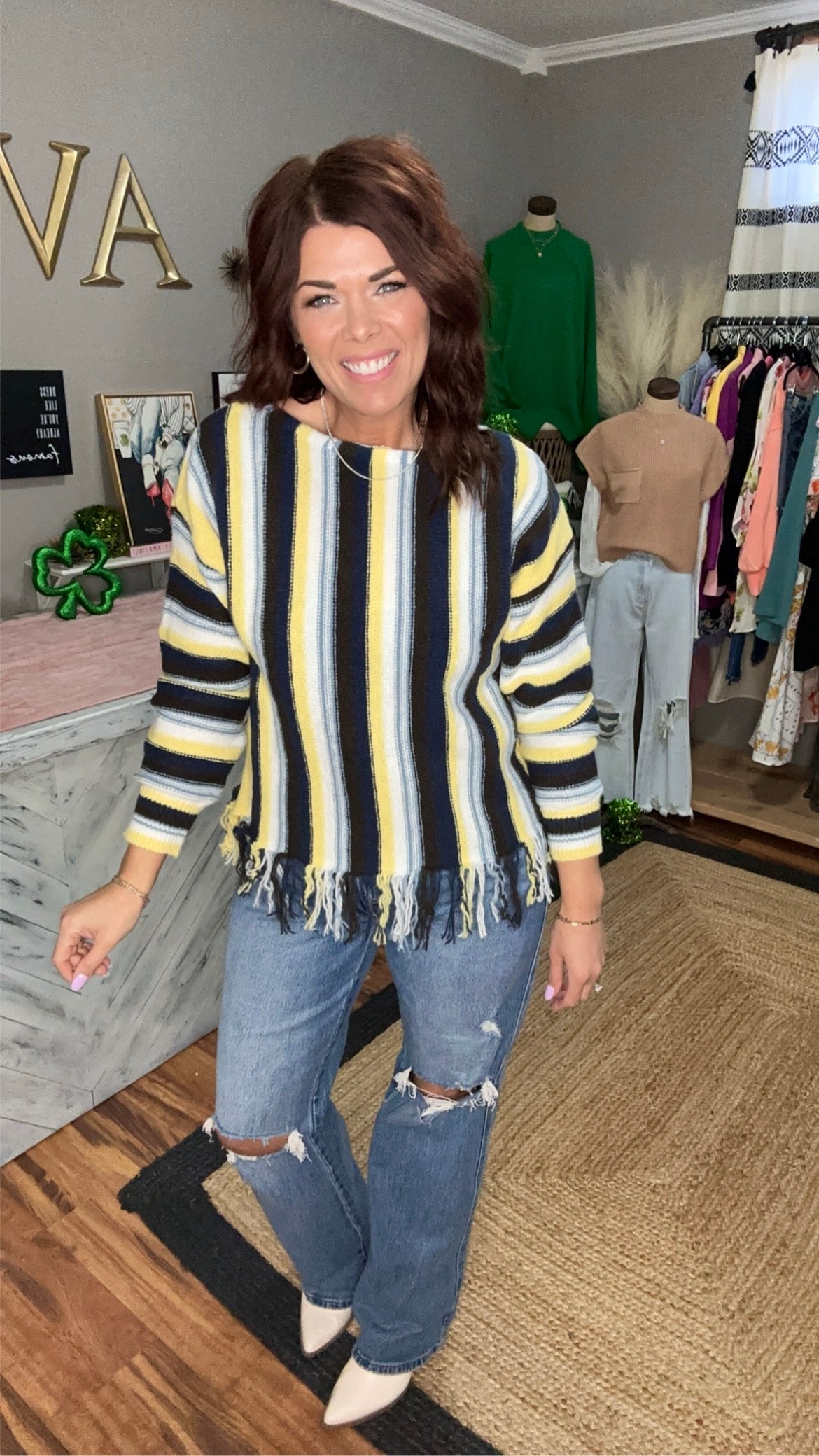 Yellow Multi Color Stripe Fringe Sweater