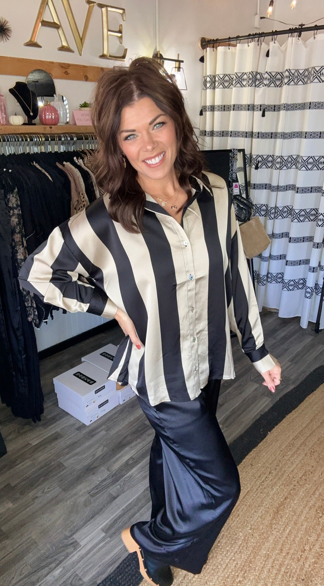 Black & Taupe Striped Satin Top