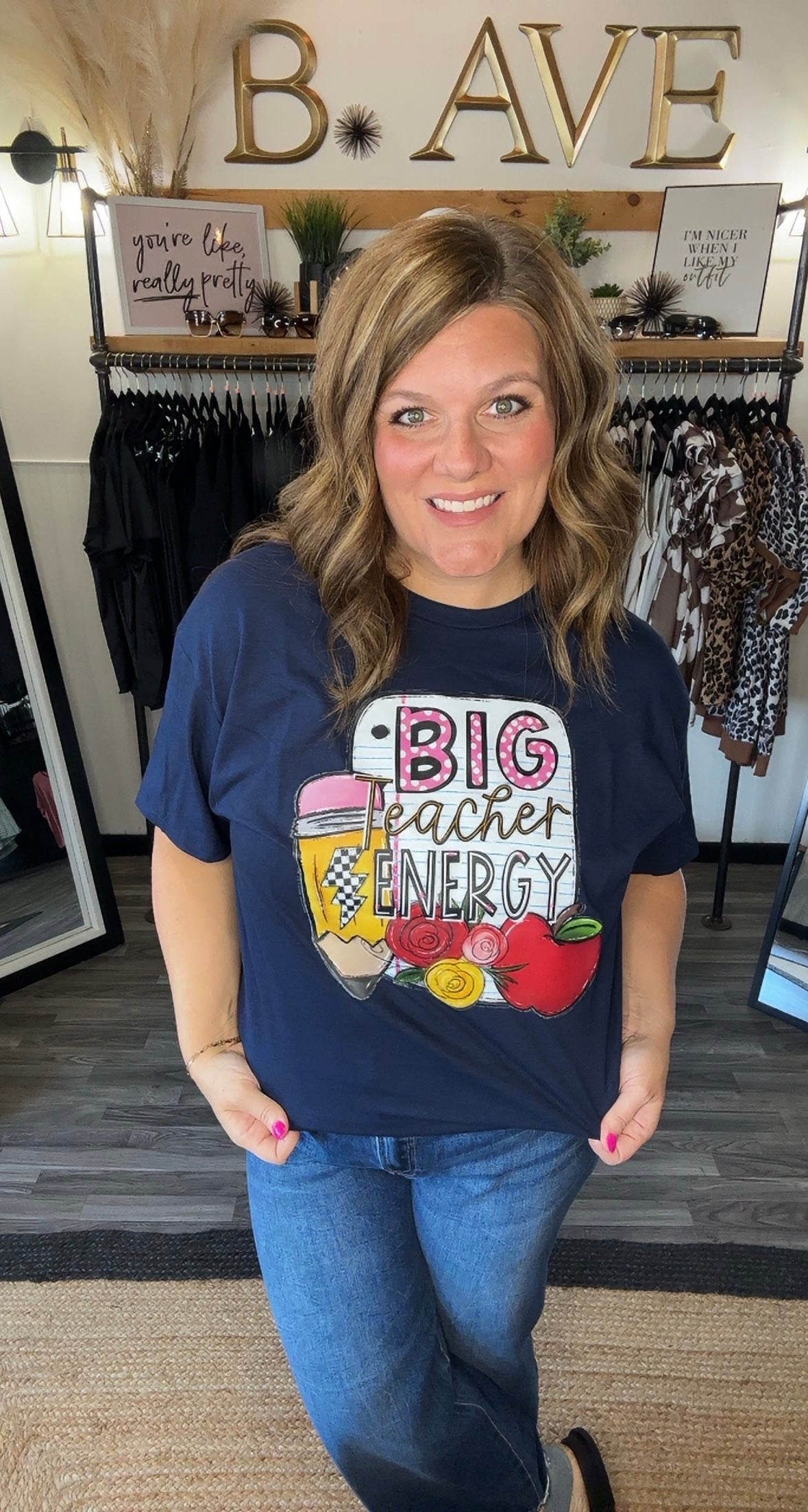 Navy Blue Big Teacher Energy Graphic Tee