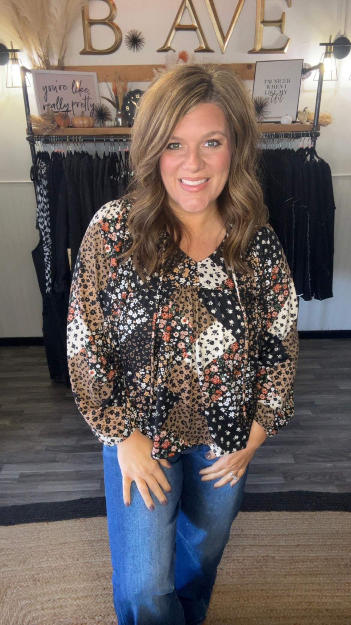 Black & Taupe Floral Mix Patchwork Print Blouse
