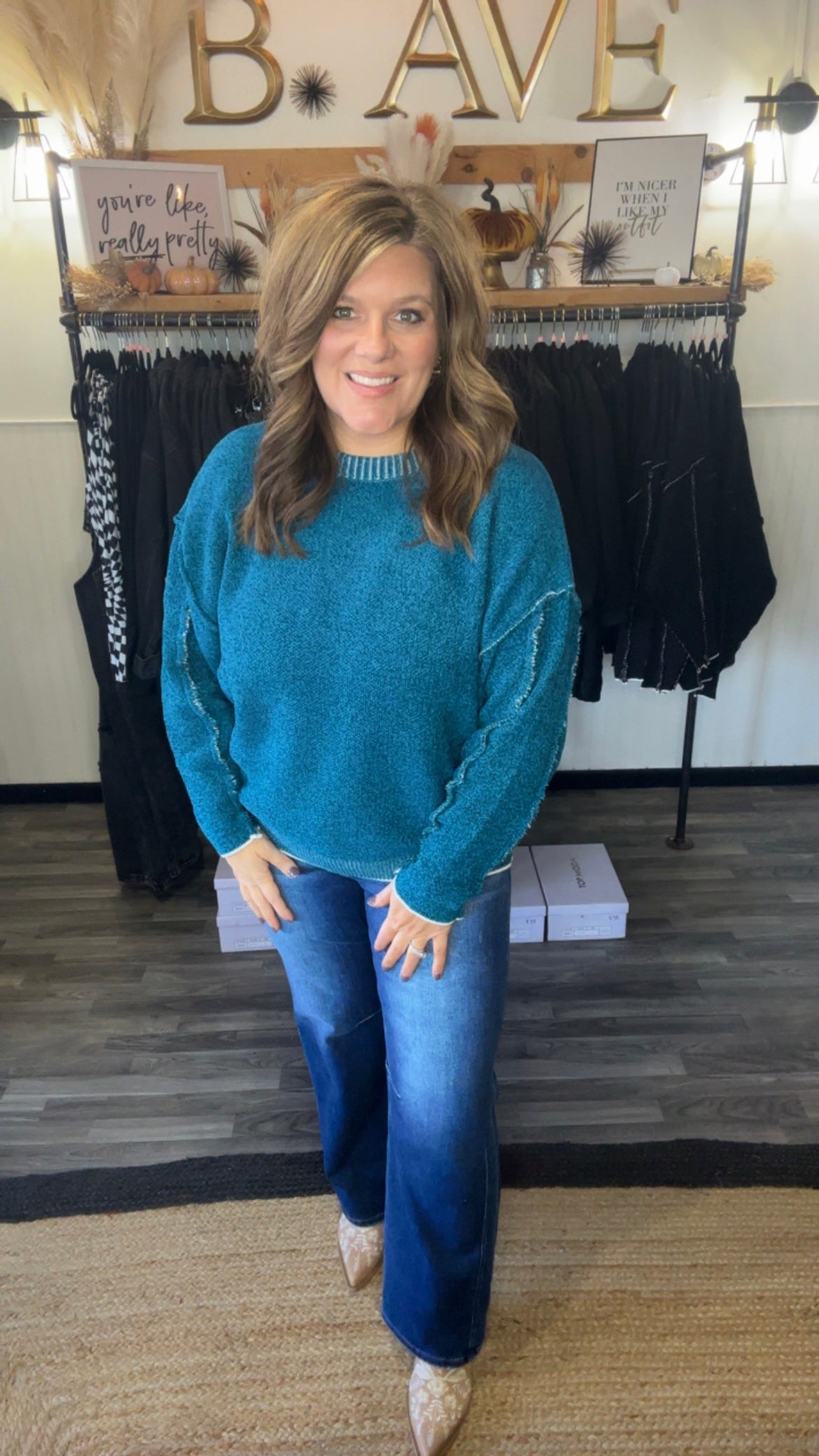 Raw Seam Round Neck Chenille Sweater