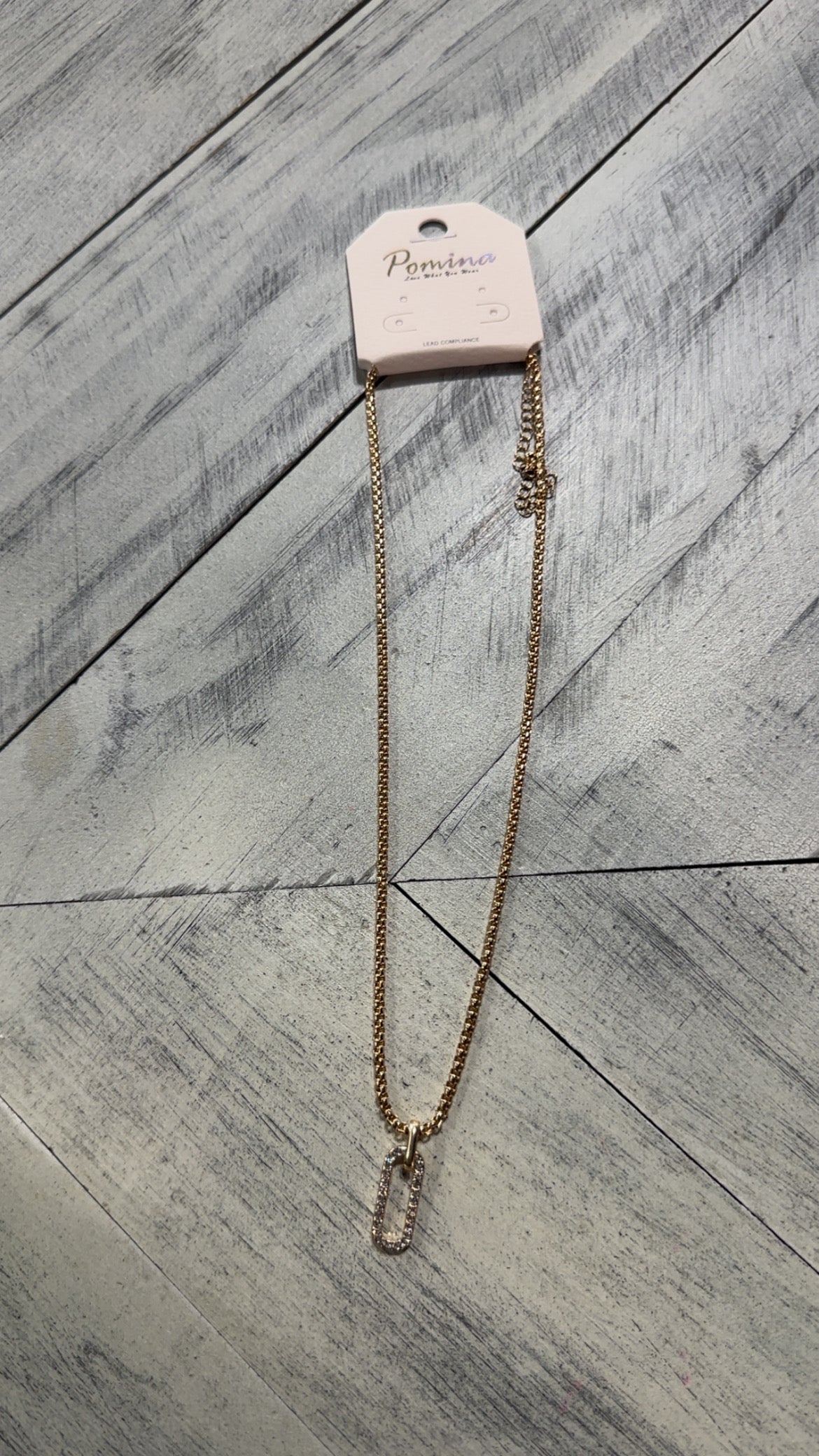 Gold Box Chain Oblong Rhinestone Pendant Necklace