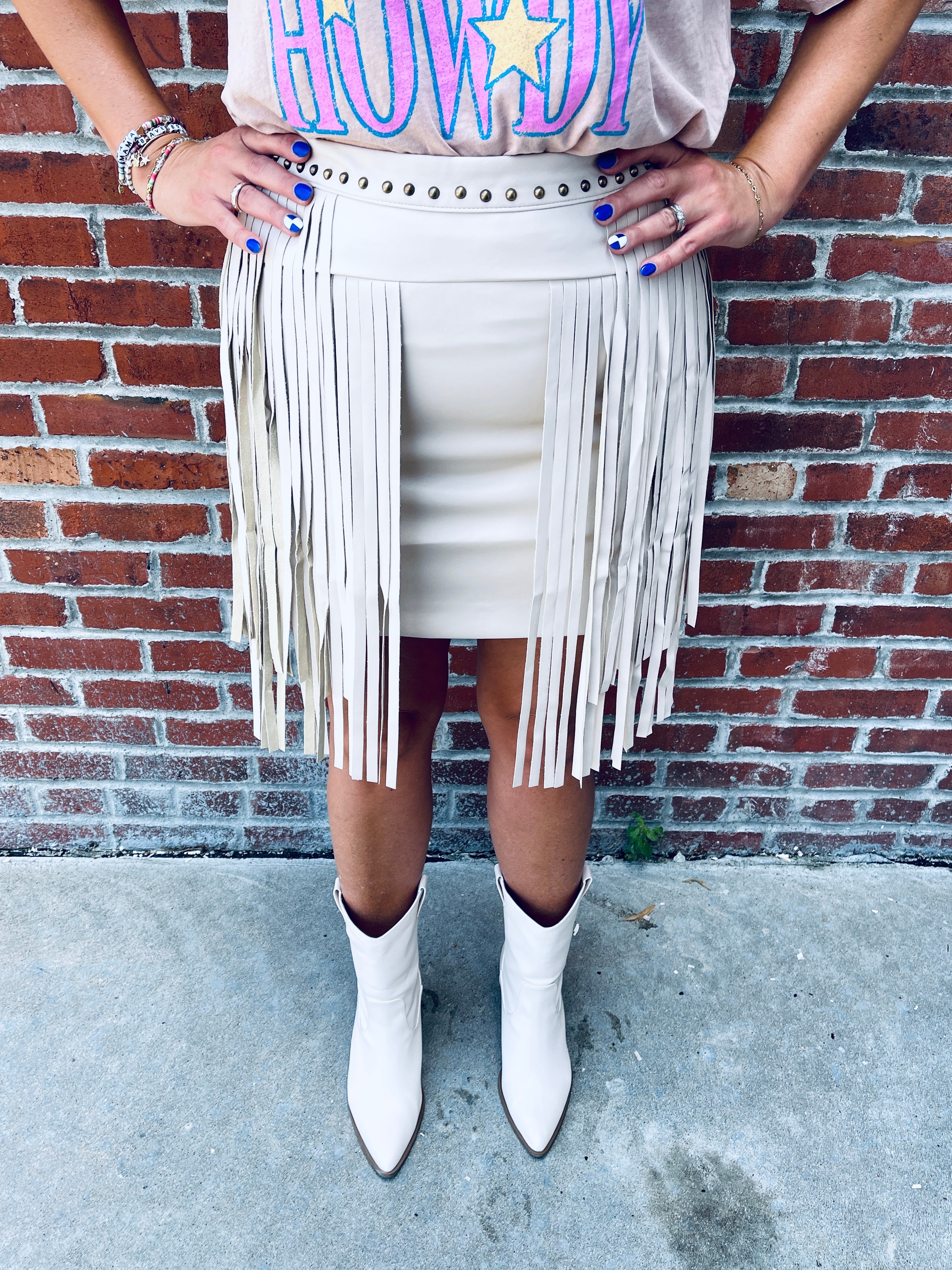 Cream Faux Leather Fringe Skirt