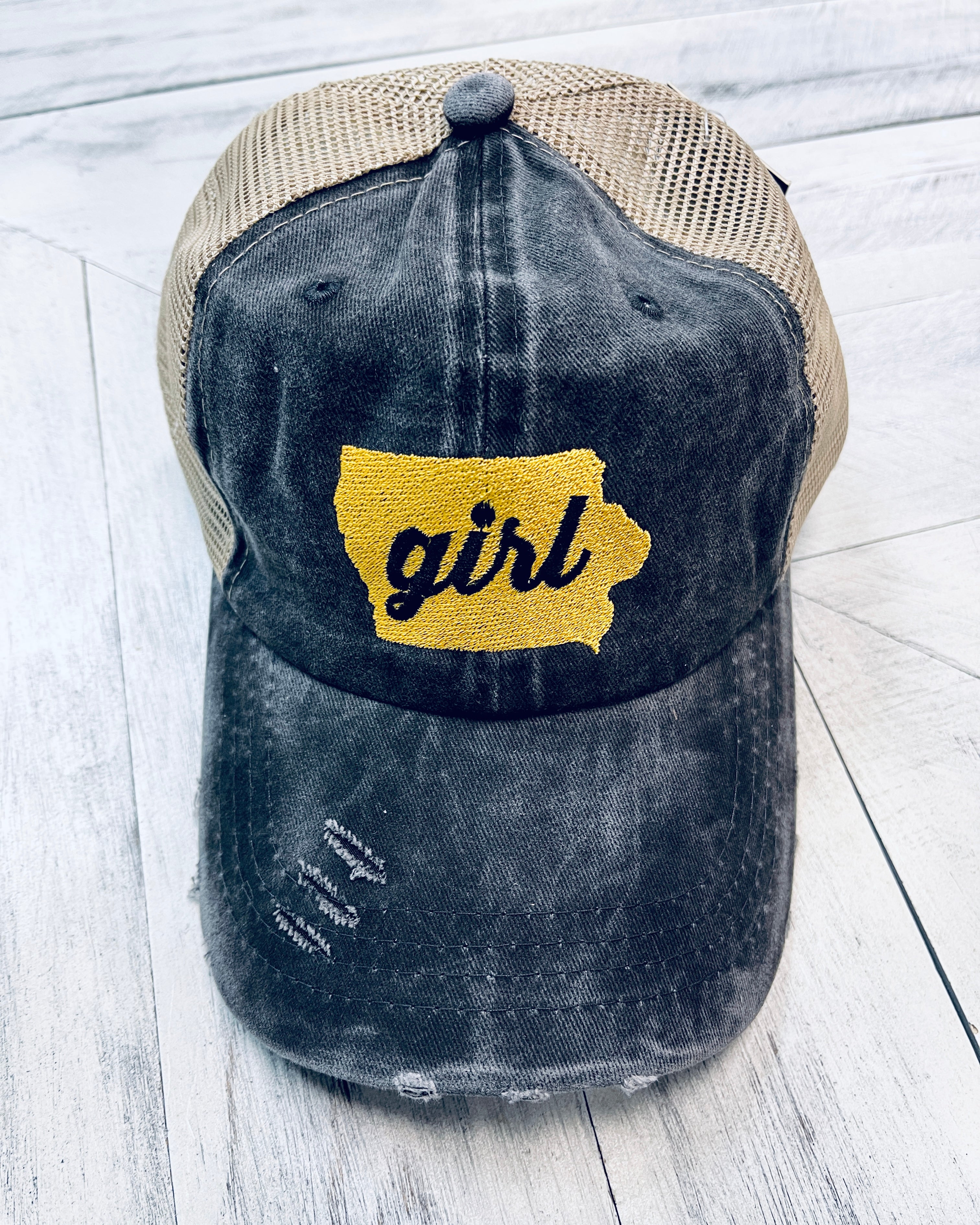 "Iowa Girl" Distressed Ball Caps