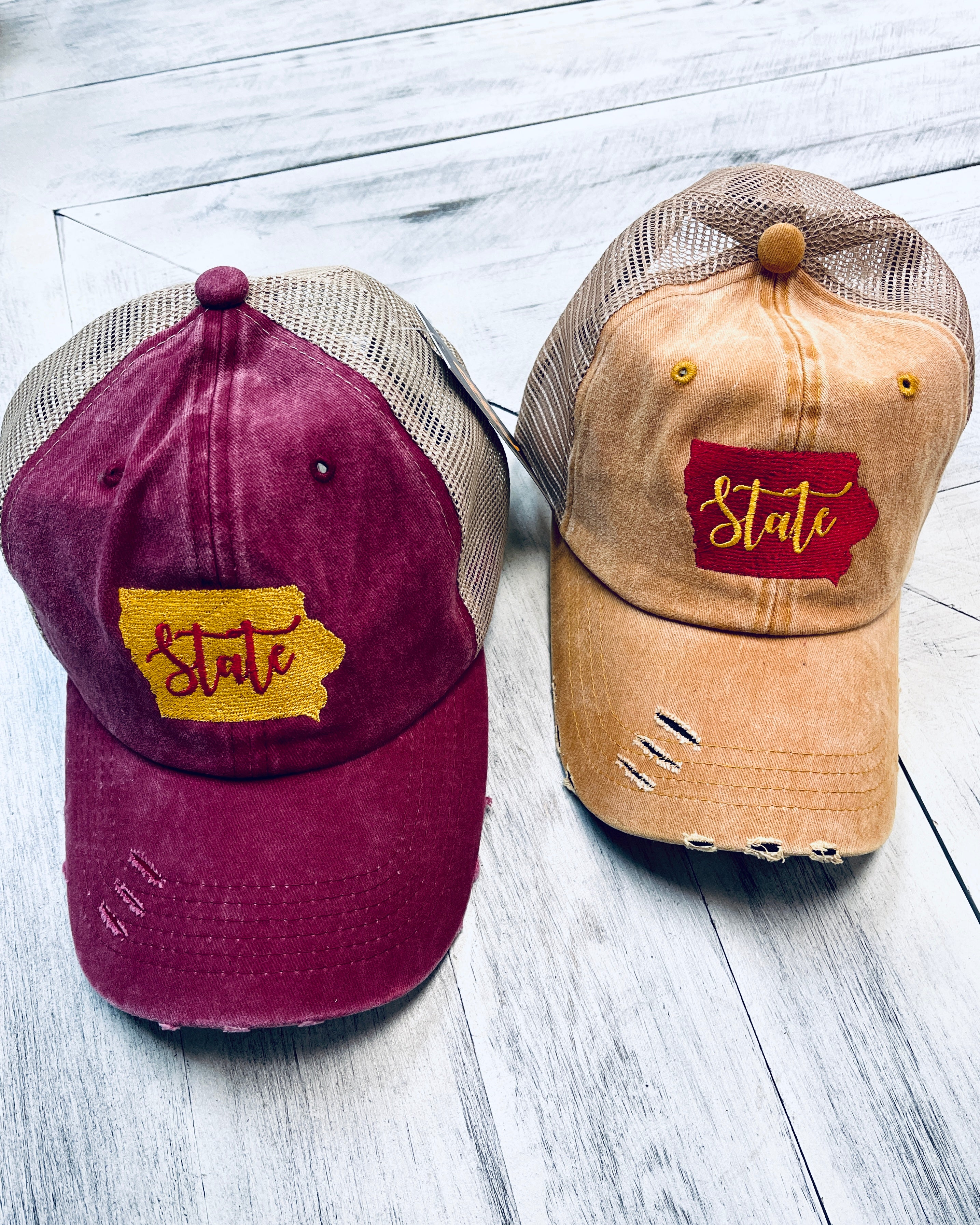 Red & Gold Iowa "STATE" Distressed Ball Cap